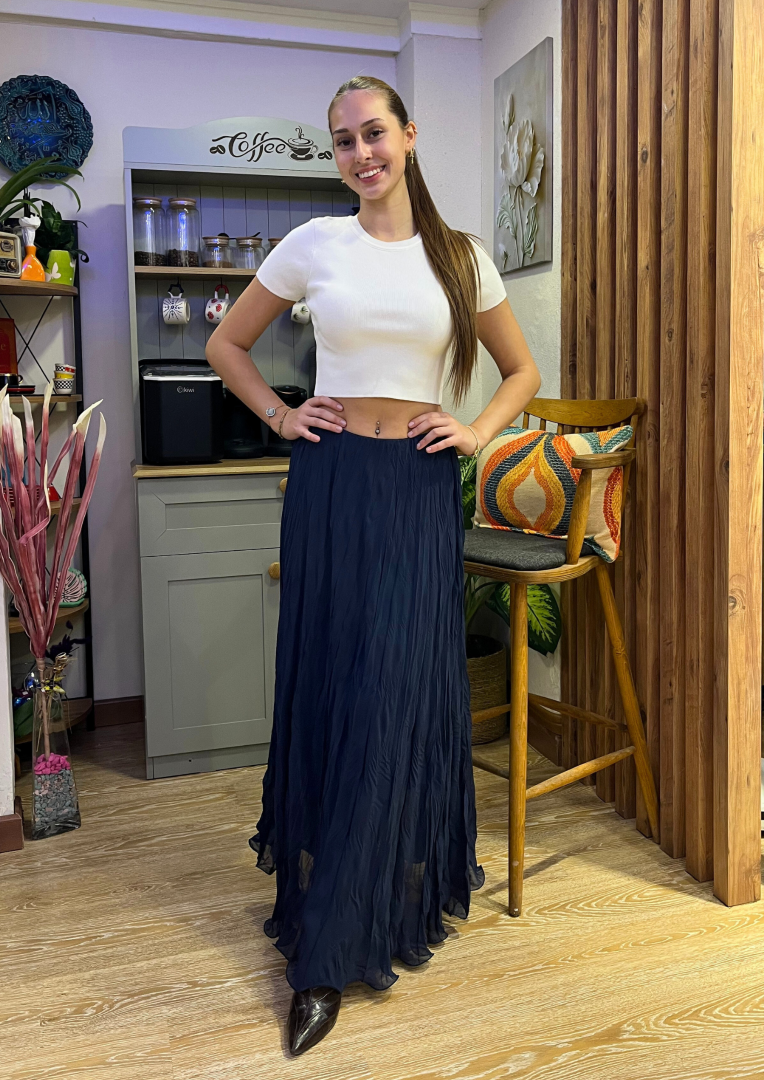 Pileli Şifon Maxi Etek Lacivert 
