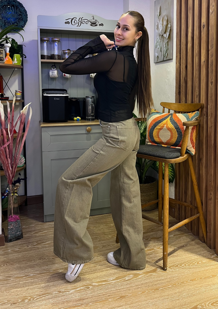Geniş Kalıp Haki Denim Pantolon - Görsel 2