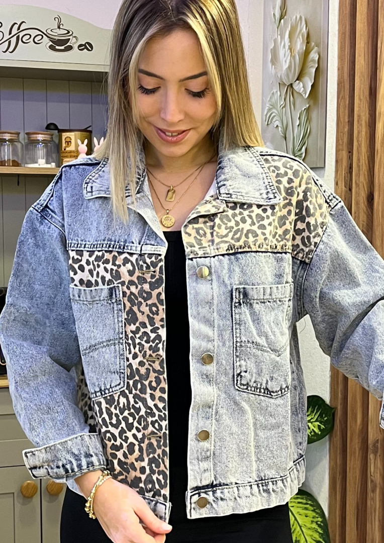 Leopar Detaylı Kot Ceket - Görsel 3