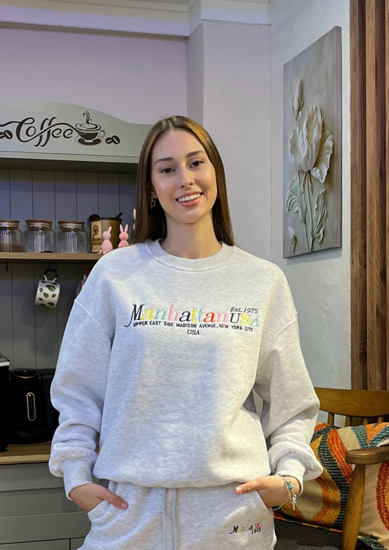 Renkli Yazılı Sweat Gri